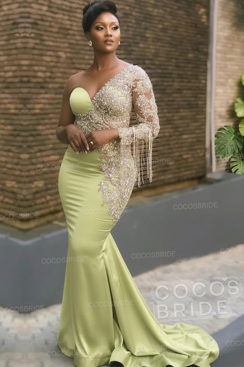 Long Mermaid Appliques One Shoulder Floor Length Formal Evening Dress