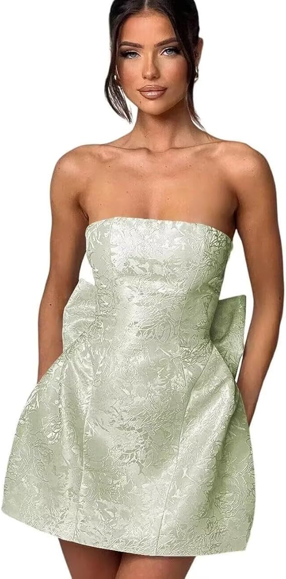 Strapless Short Ball Gown Sleeveless Lace up Jacquard Satin Homecoming Dress with Bow