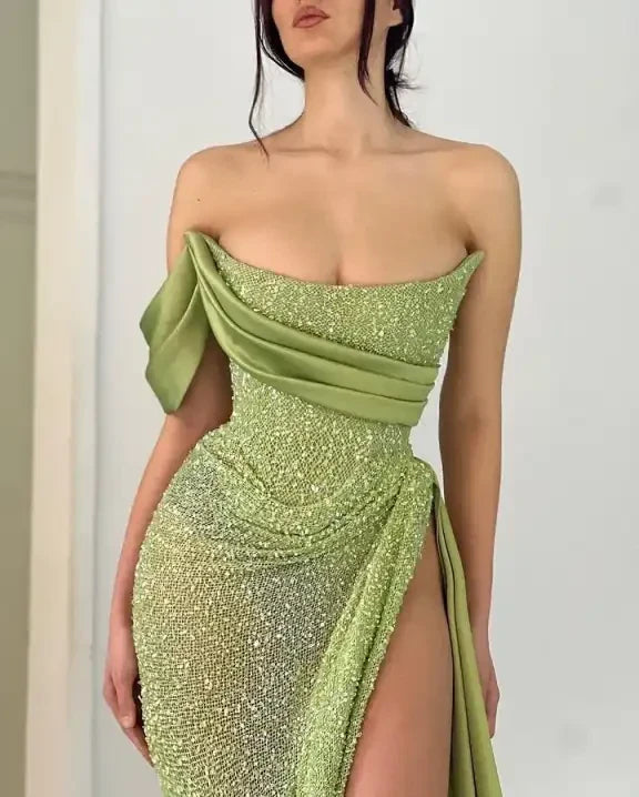 One Shoulder Sequins Satin Mermaid Long Prom Dress with Split