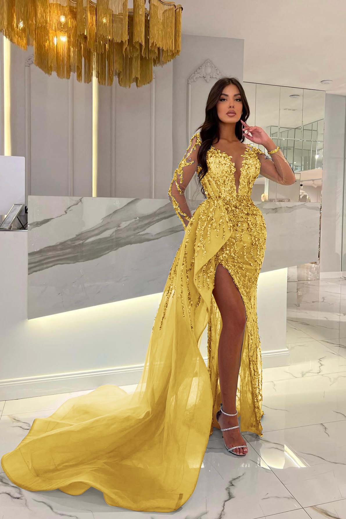 Long Sleeve Mermaid Front Slit Sweetheart Prom Dress with Beading Appliques