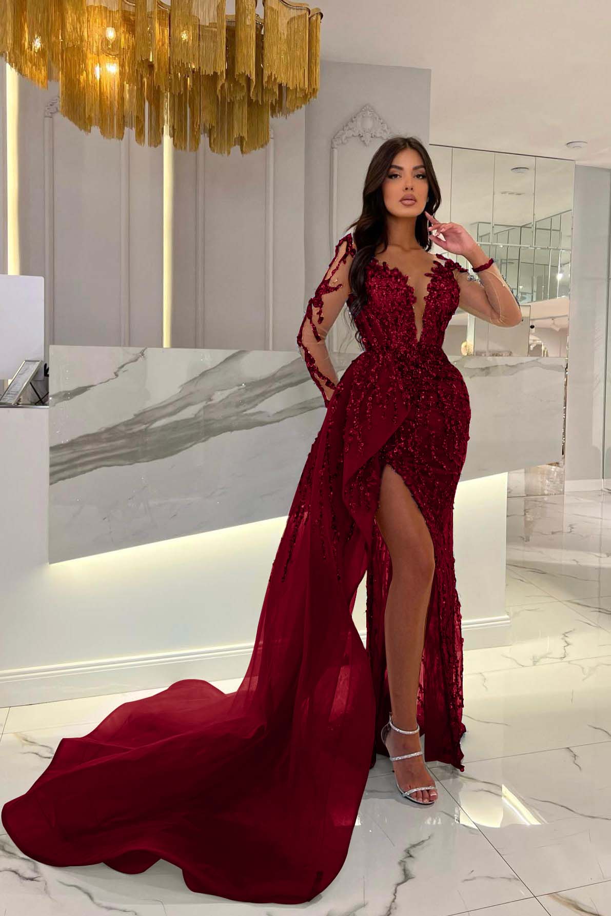 Long Sleeve Mermaid Front Slit Sweetheart Prom Dress with Beading Appliques