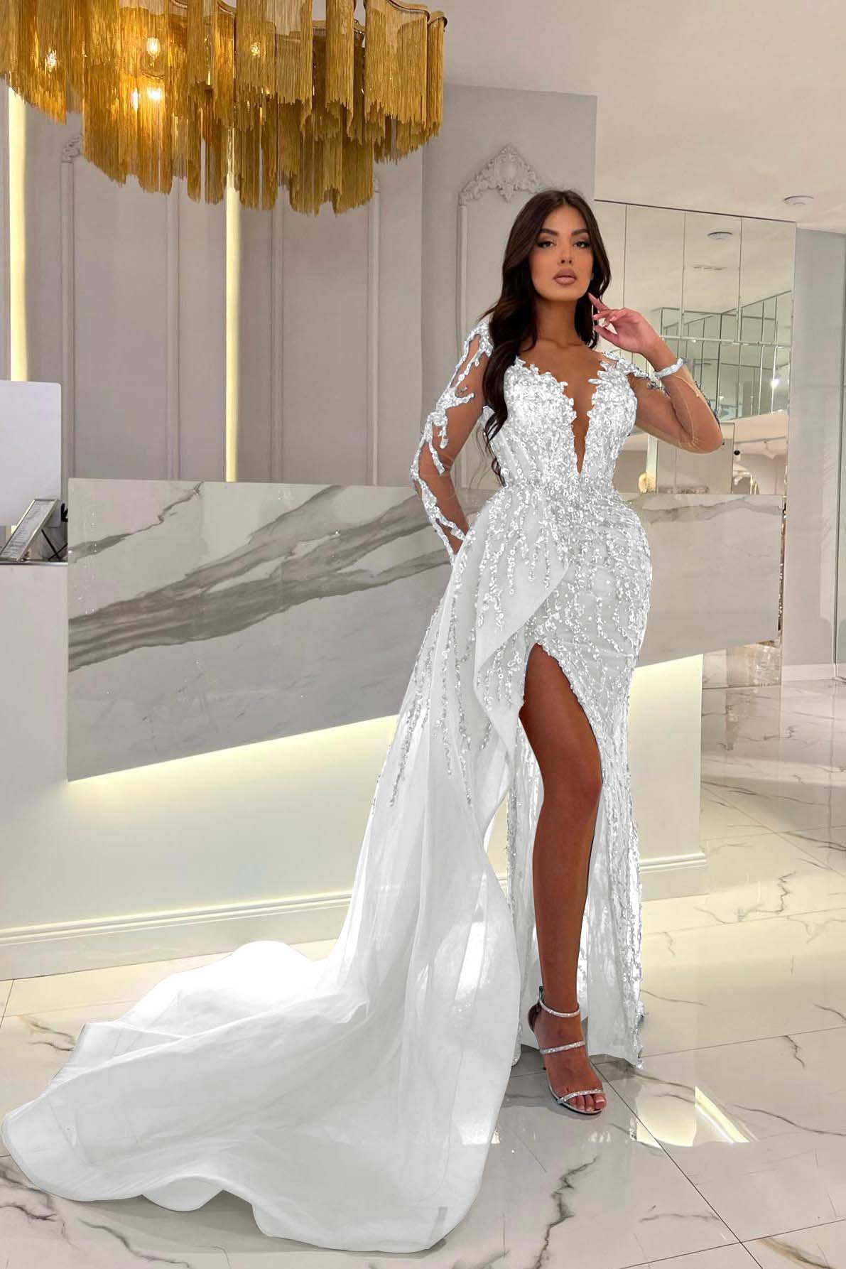 Long Sleeve Mermaid Front Slit Sweetheart Prom Dress with Beading Appliques