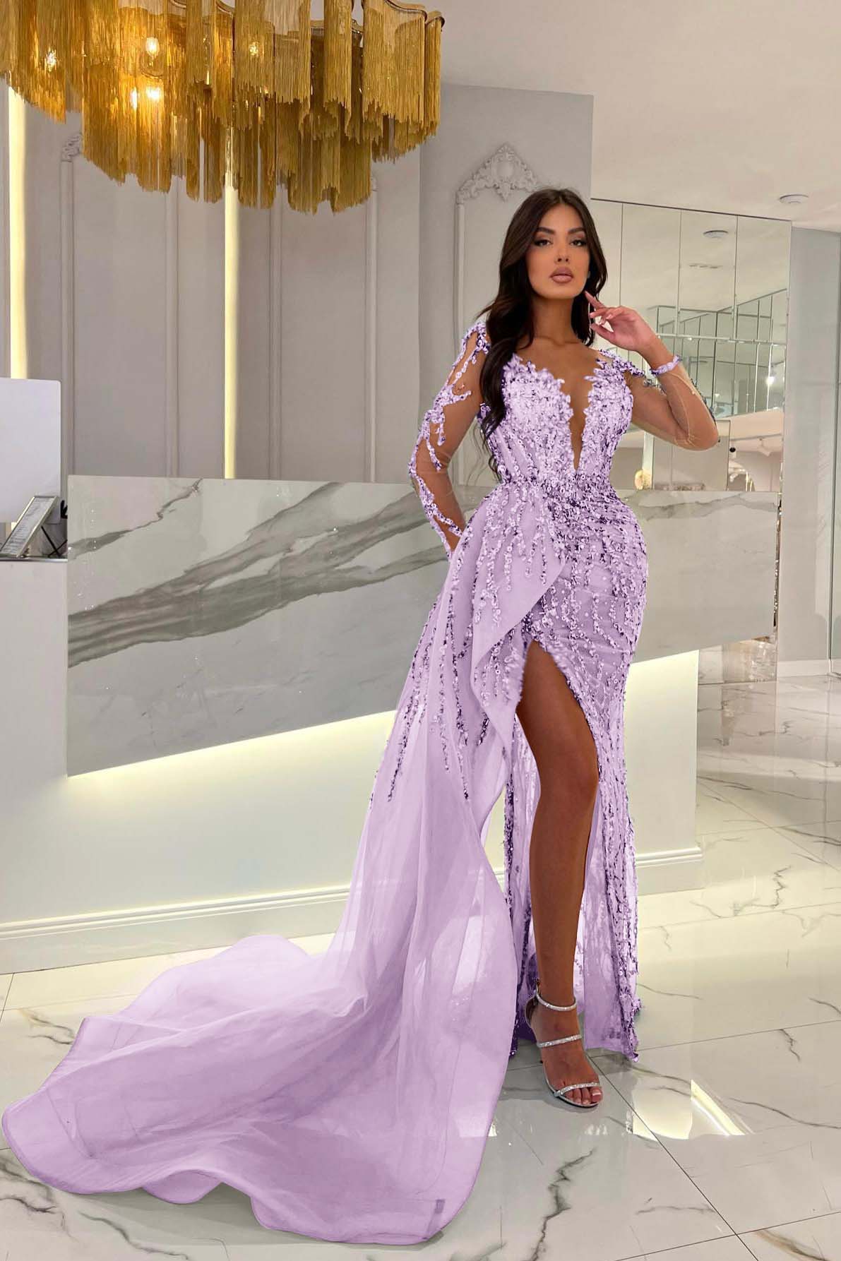 Long Sleeve Mermaid Front Slit Sweetheart Prom Dress with Beading Appliques