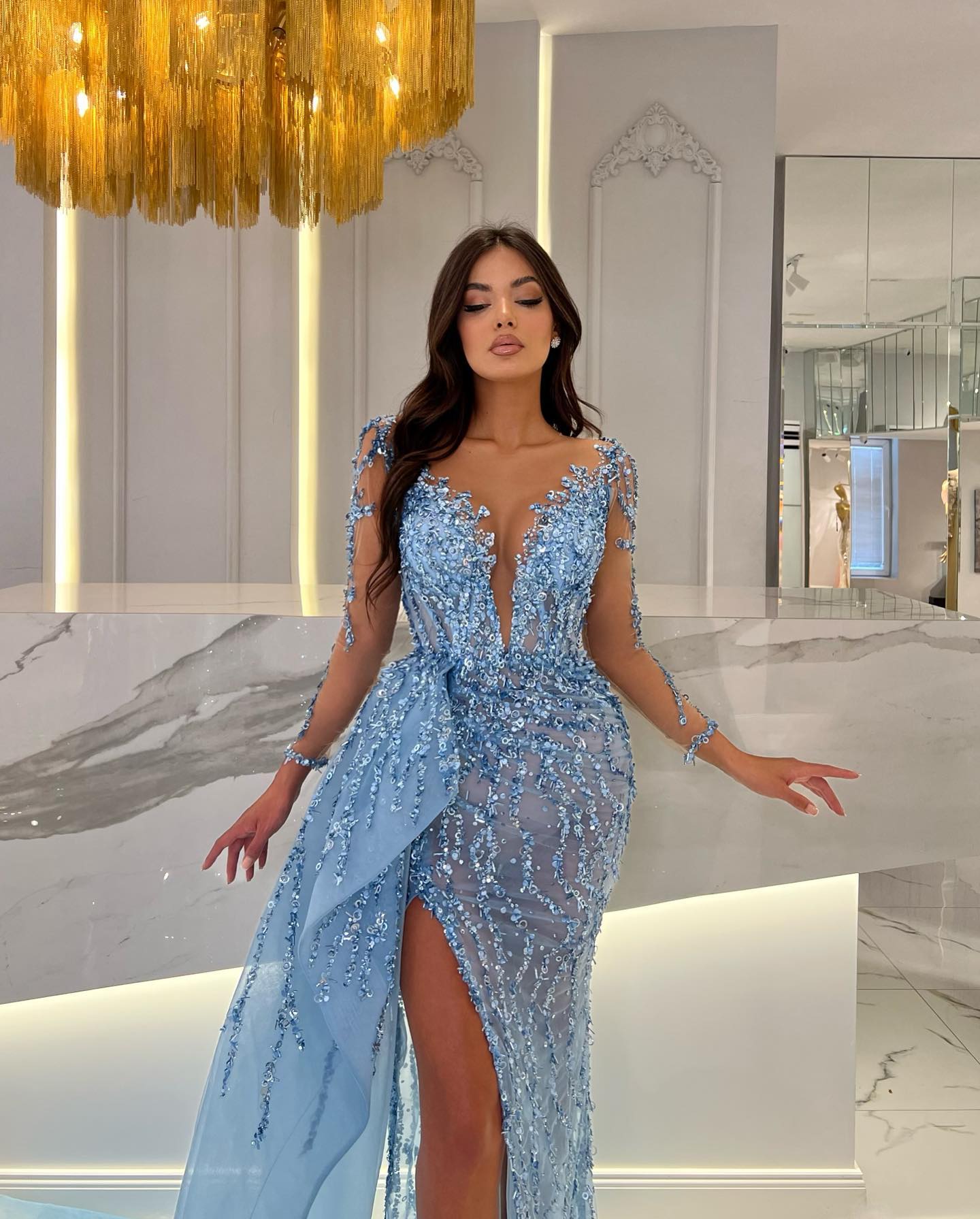 Long Sleeve Mermaid Front Slit Sweetheart Prom Dress with Beading Appliques