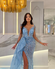 Long Sleeve Mermaid Front Slit Sweetheart Prom Dress with Beading Appliques