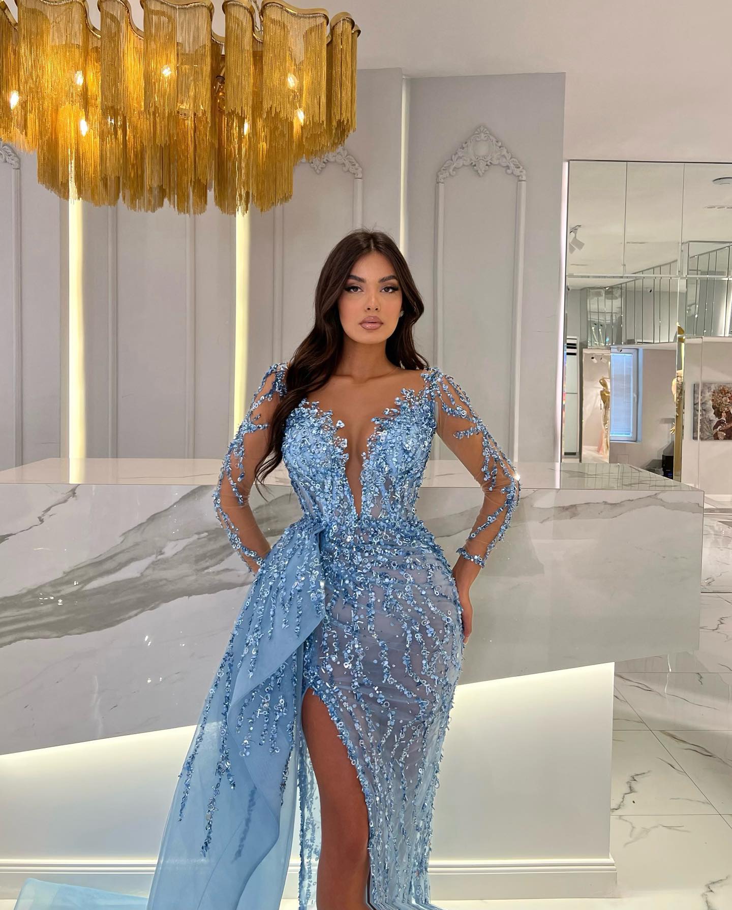 Long Sleeve Mermaid Front Slit Sweetheart Prom Dress with Beading Appliques