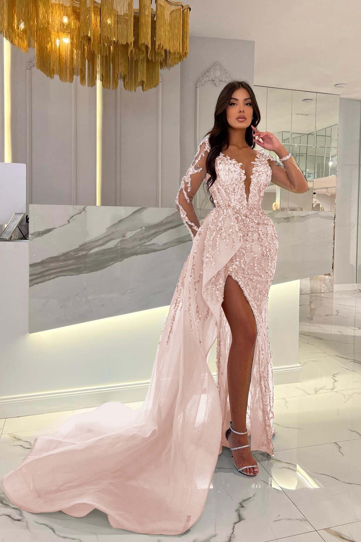 Long Sleeve Mermaid Front Slit Sweetheart Prom Dress with Beading Appliques