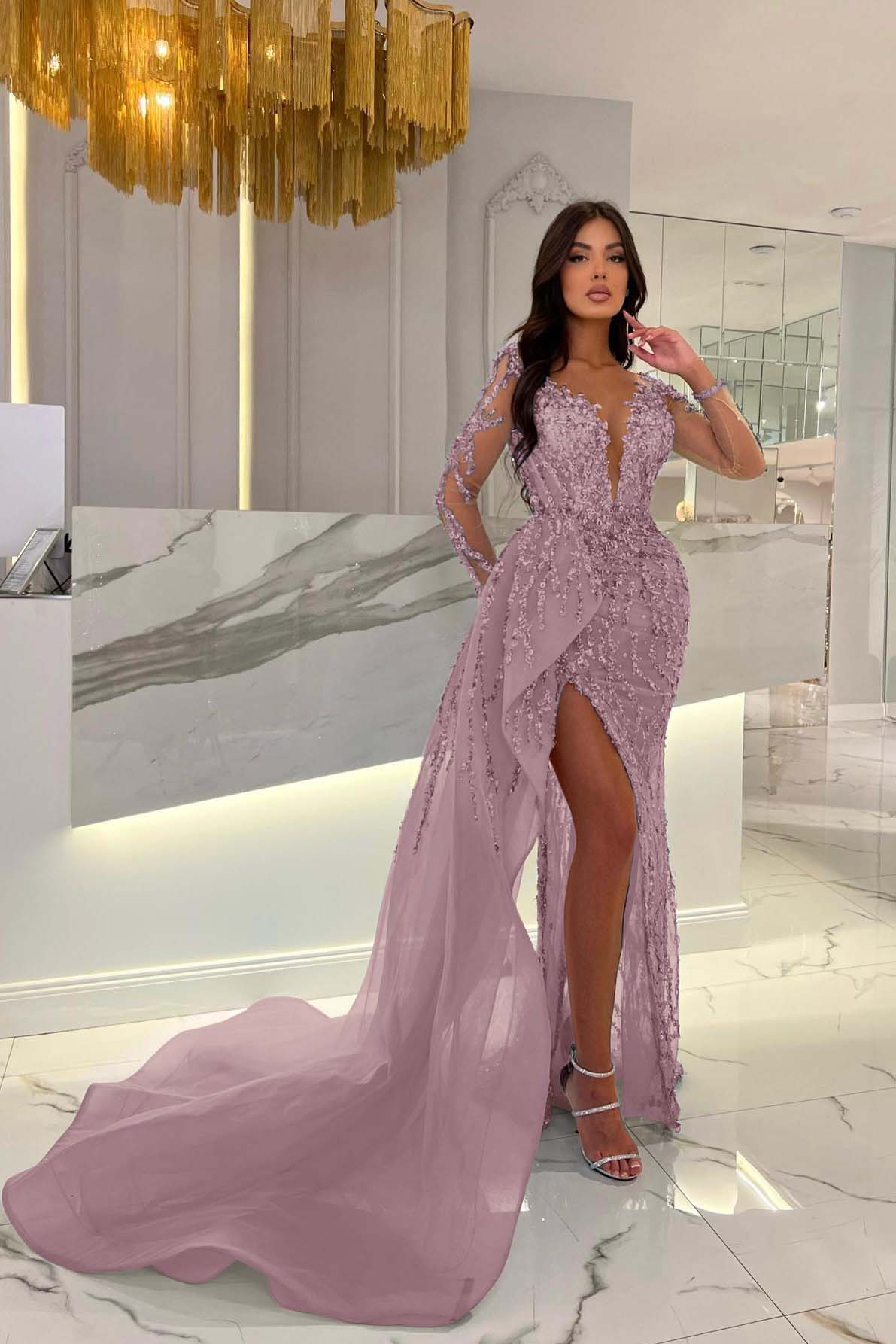 Long Sleeve Mermaid Front Slit Sweetheart Prom Dress with Beading Appliques