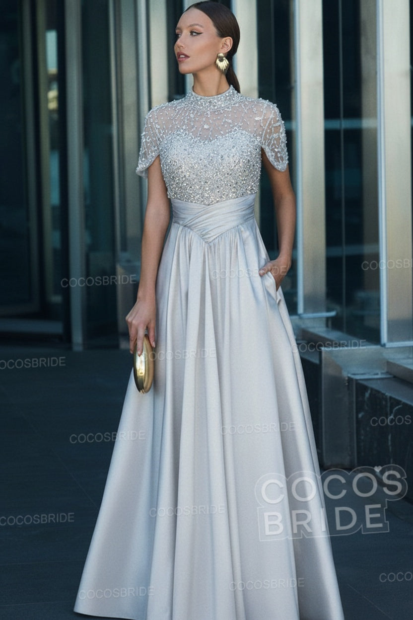 Elegant Illusion Neck Long A-line Formal Evening Dress with Pockets