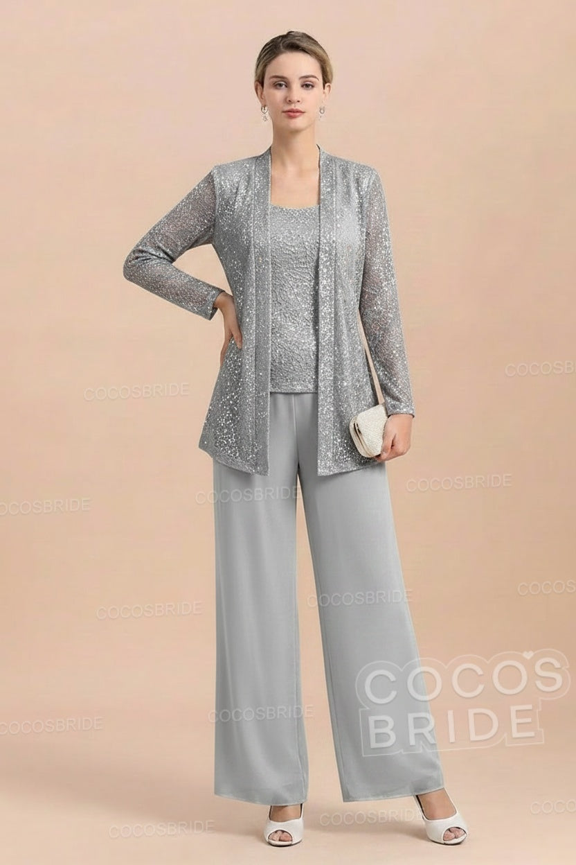 Long Sequined Chiffon Pantsuits for the Mother of the Bride with Jacket