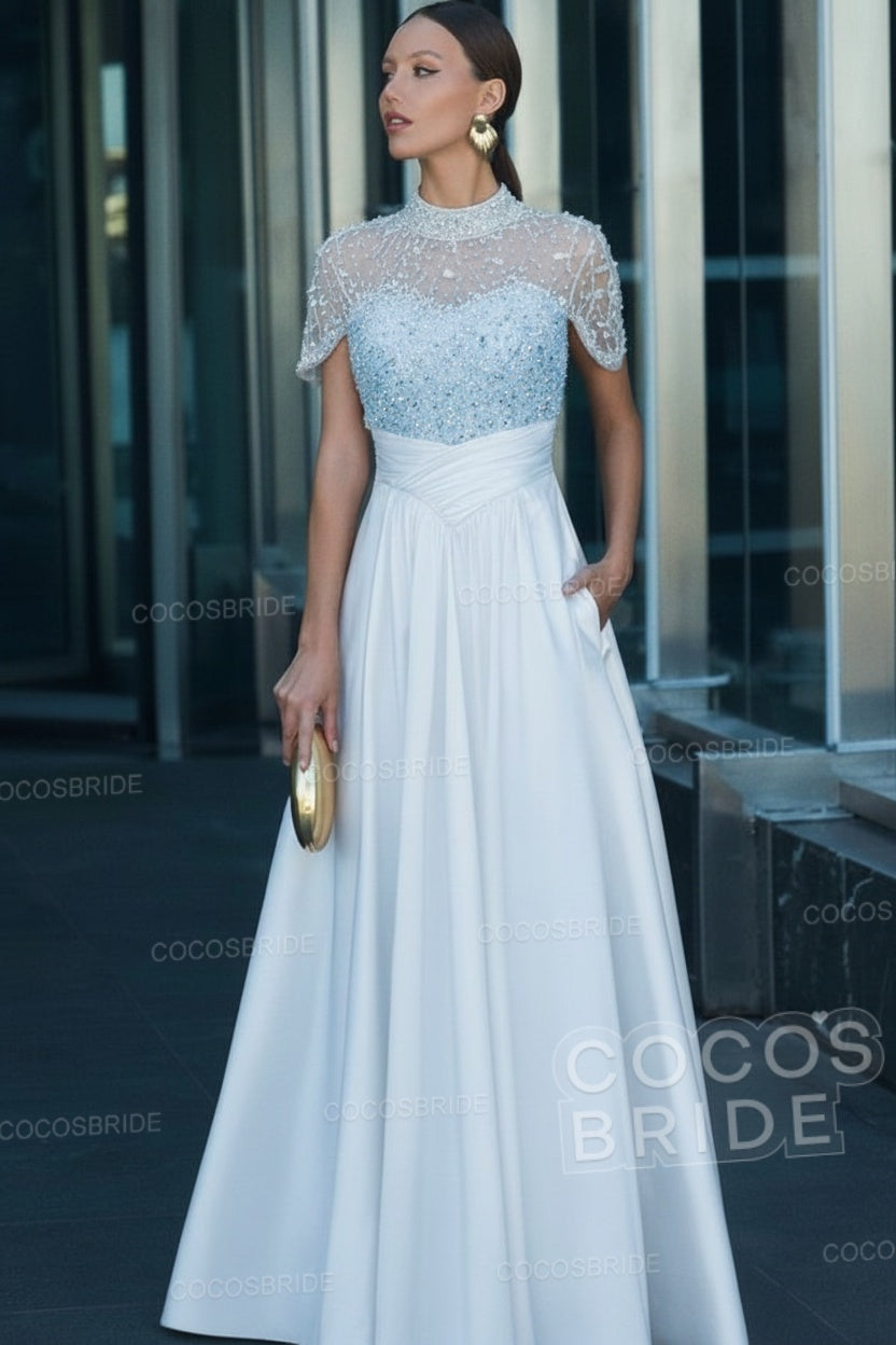 Elegant Illusion Neck Long A-line Formal Evening Dress with Pockets