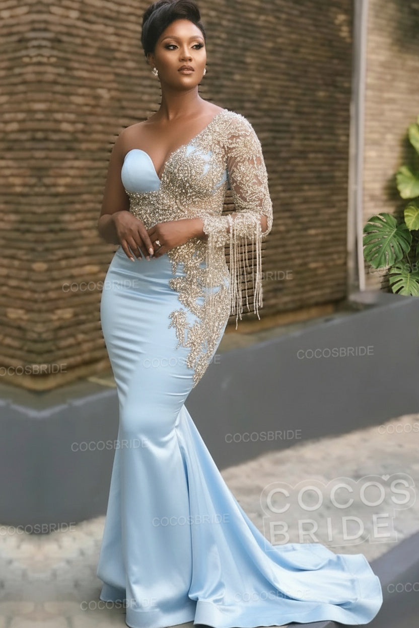 Long Mermaid Appliques One Shoulder Floor Length Formal Evening Dress