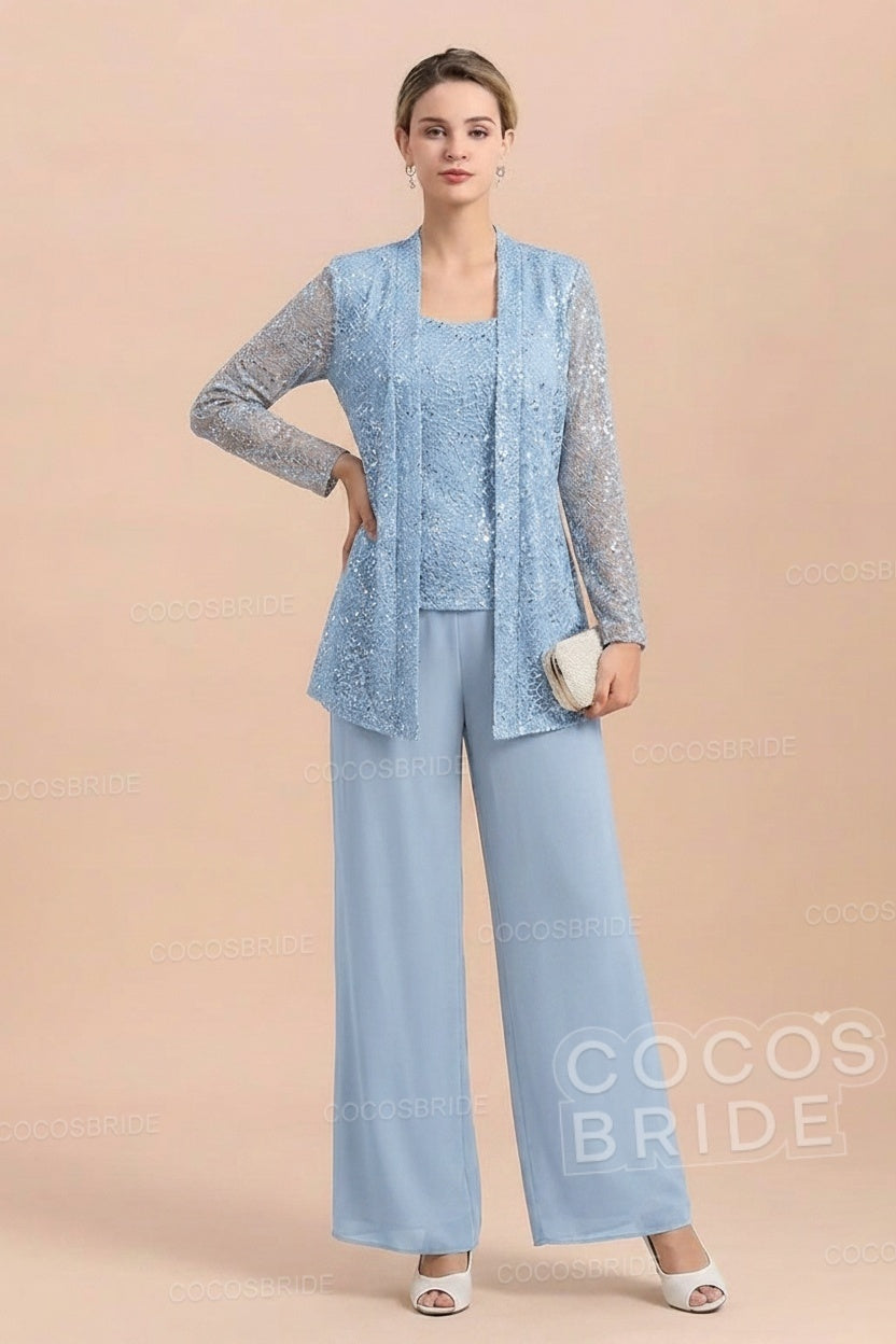 Long Sequined Chiffon Pantsuits for the Mother of the Bride with Jacket