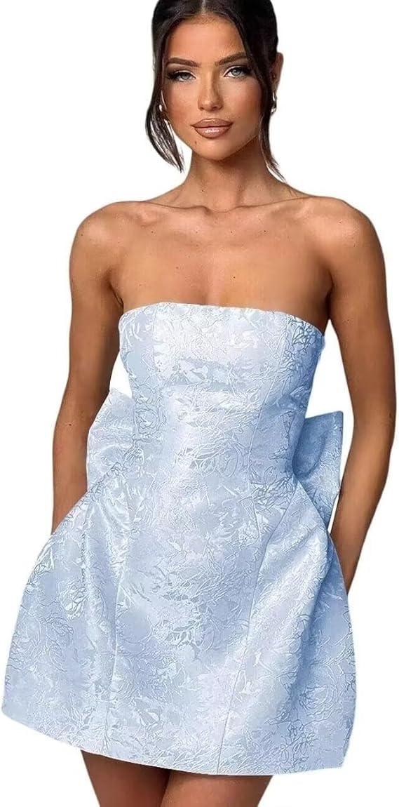 Strapless Short Ball Gown Sleeveless Lace up Jacquard Satin Homecoming Dress with Bow