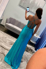 Sweetheart Long Mermaid Lace Satin Backless Prom Dress with Slit