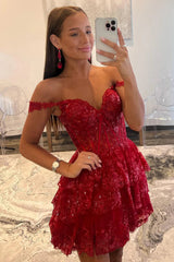 Sparkly Burgundy Off the Shoulder Tiered A-Line Short Sequin Homecoming Dress