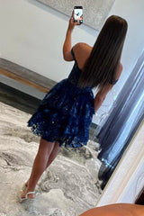 Sparkly Burgundy Off the Shoulder Tiered A-Line Short Sequin Homecoming Dress