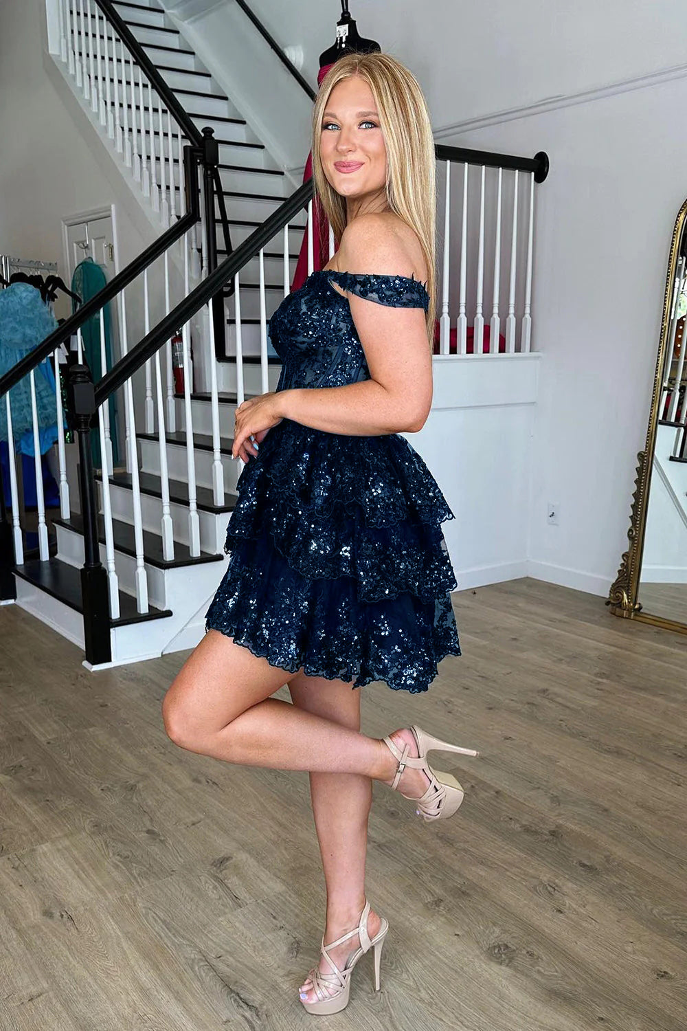 Sparkly Burgundy Off the Shoulder Tiered A-Line Short Sequin Homecoming Dress