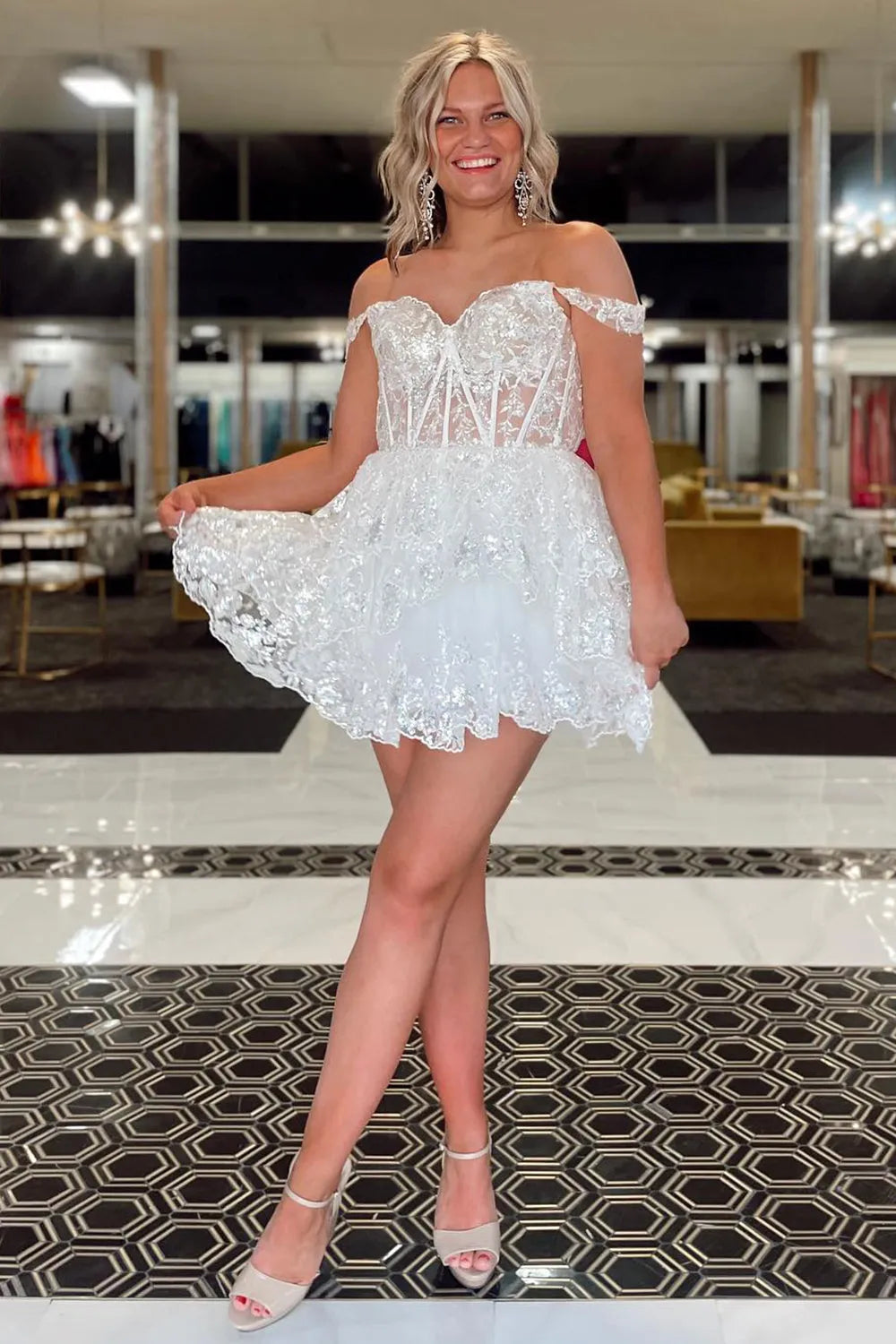 Sparkly Burgundy Off the Shoulder Tiered A-Line Short Sequin Homecoming Dress