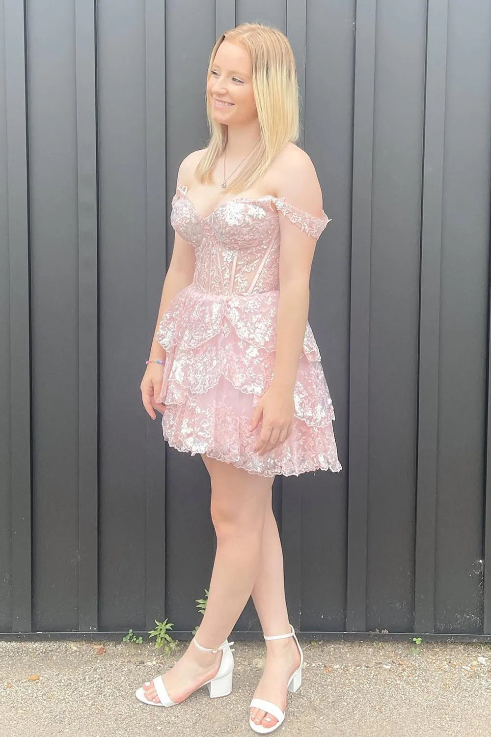 Sparkly Burgundy Off the Shoulder Tiered A-Line Short Sequin Homecoming Dress