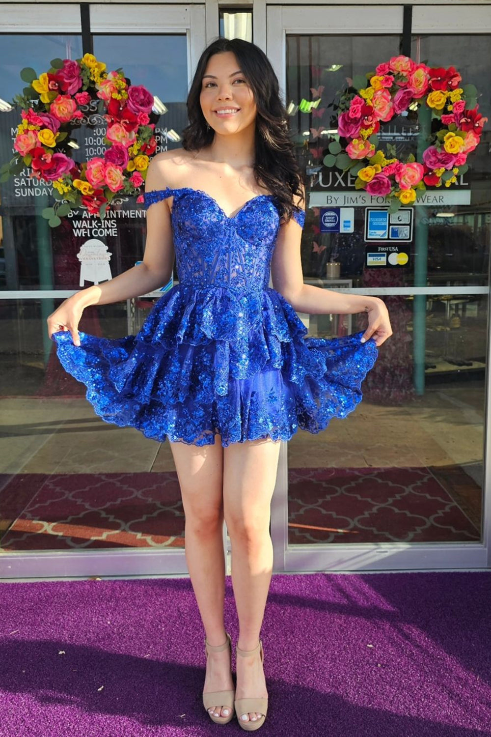 Sparkly Burgundy Off the Shoulder Tiered A-Line Short Sequin Homecoming Dress