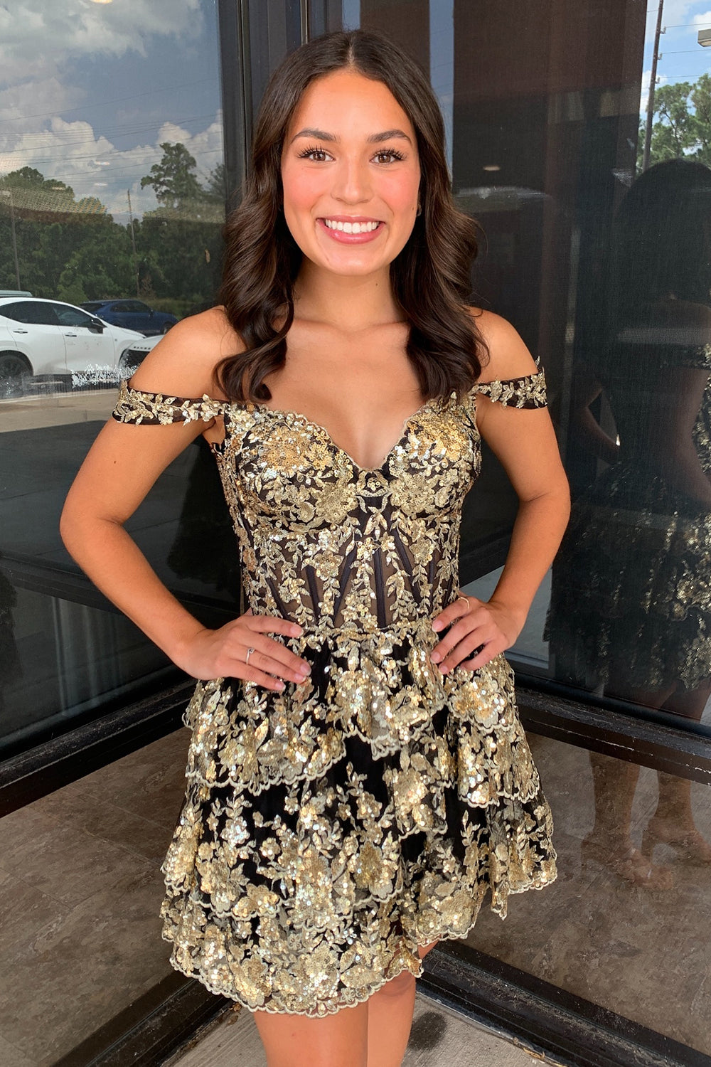 Sparkly Burgundy Off the Shoulder Tiered A-Line Short Sequin Homecoming Dress