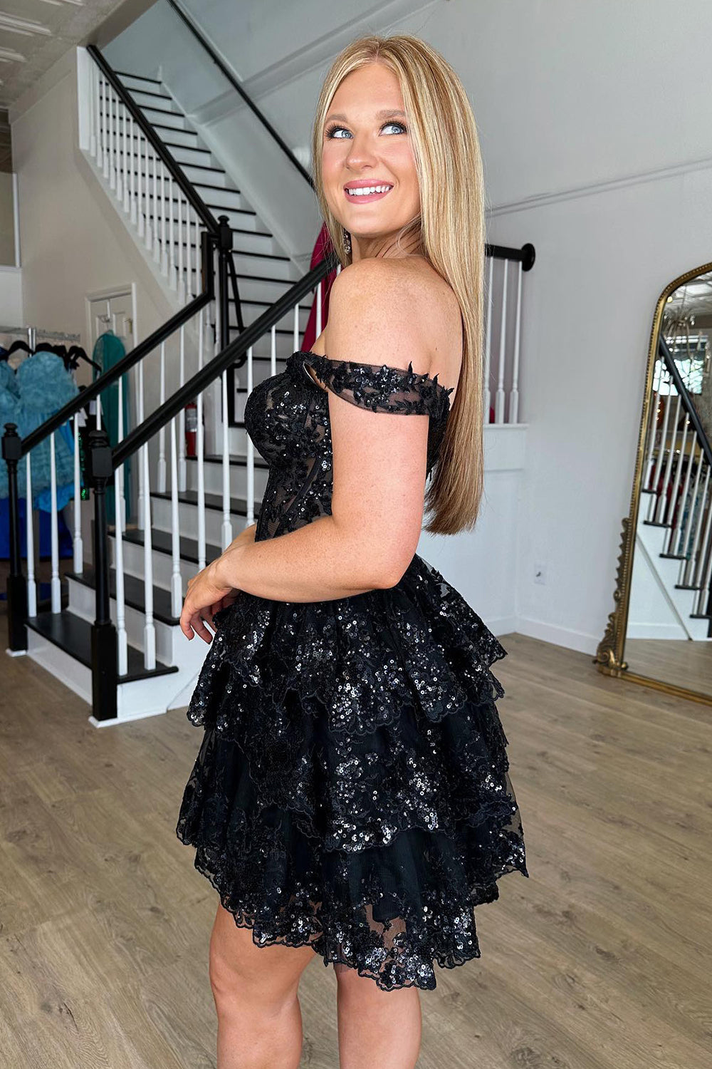 Sparkly Burgundy Off the Shoulder Tiered A-Line Short Sequin Homecoming Dress