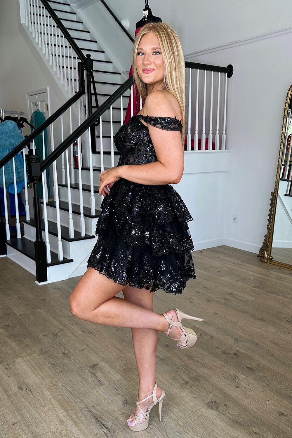 Sparkly Burgundy Off the Shoulder Tiered A-Line Short Sequin Homecoming Dress