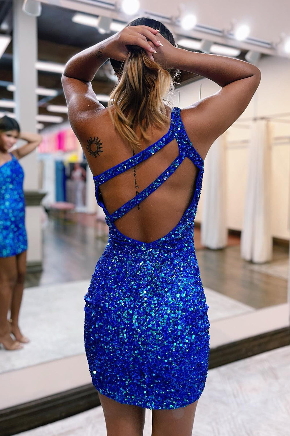 Orange Short Open Back One Shoulder Sequins Mermaid Homecoming Dress