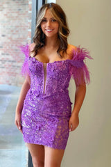 Sparkly Red Lace Mermaid Short Homecoming Dress with Detachable Feathers
