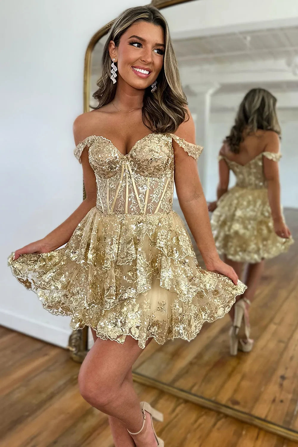 Sparkly Burgundy Off the Shoulder Tiered A-Line Short Sequin Homecoming Dress