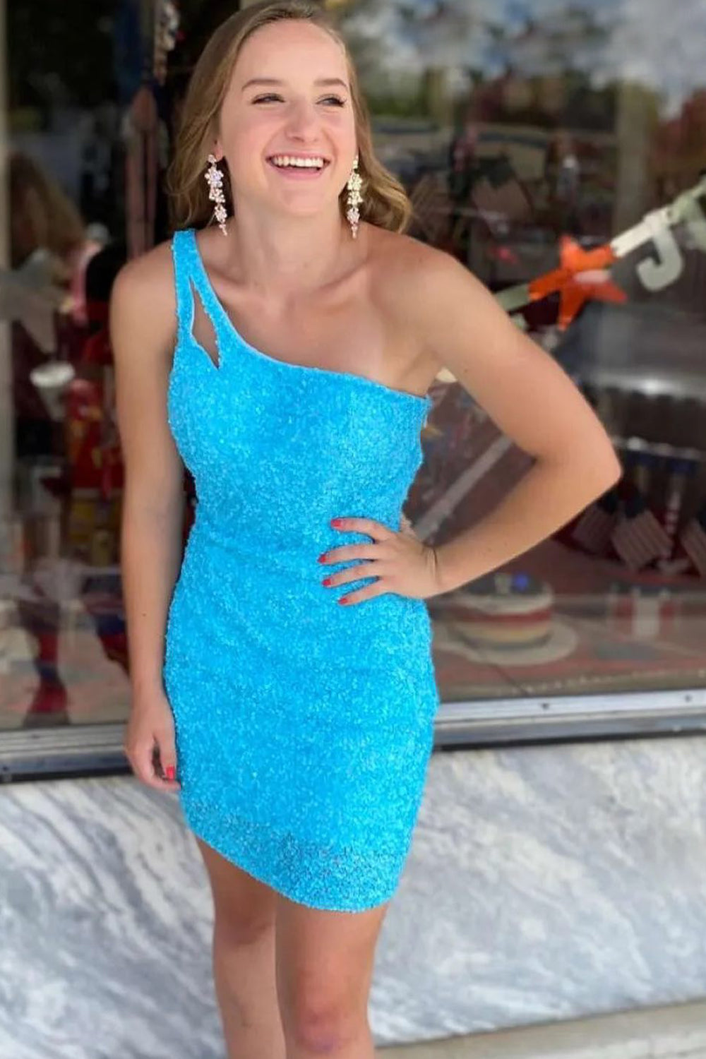 Orange Short Open Back One Shoulder Sequins Mermaid Homecoming Dress