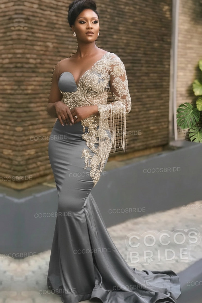 Long Mermaid Appliques One Shoulder Floor Length Formal Evening Dress
