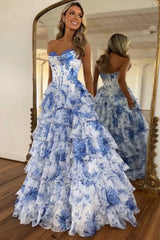 Blue Floral Strapless Silk Chiffon Corest Long A-line Prom Dress with Slit