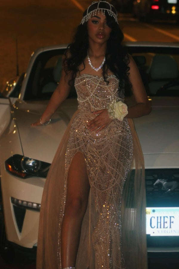 Long Strapless Sequined Mermaid Formal Prom Dresses with Slit