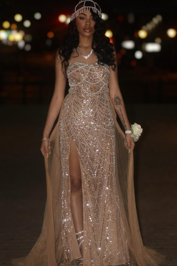 Long Strapless Sequined Mermaid Formal Prom Dresses with Slit