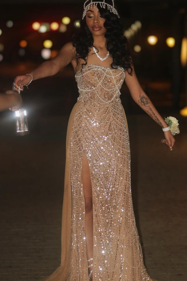 Long Strapless Sequined Mermaid Formal Prom Dresses with Slit