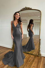 Long Mermaid V-neck Satin Backless Black Prom Dress