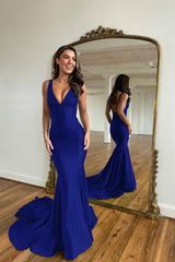 Long Mermaid V-neck Satin Backless Black Prom Dress