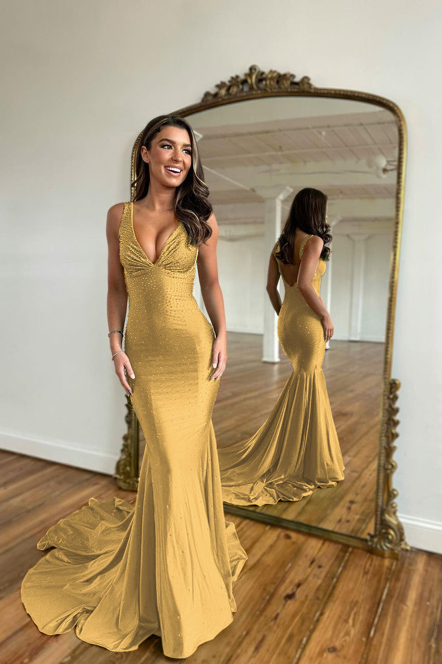 Long Mermaid V-neck Satin Backless Black Prom Dress