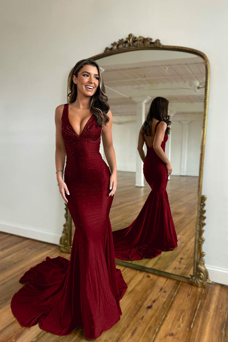 Long Mermaid V-neck Satin Backless Black Prom Dress