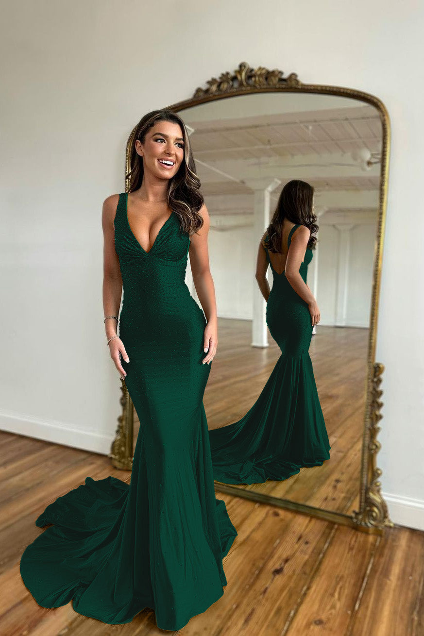 Long Mermaid V-neck Satin Backless Black Prom Dress