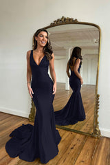 Long Mermaid V-neck Satin Backless Black Prom Dress