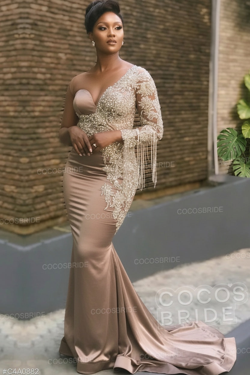 Long Mermaid Appliques One Shoulder Floor Length Formal Evening Dress