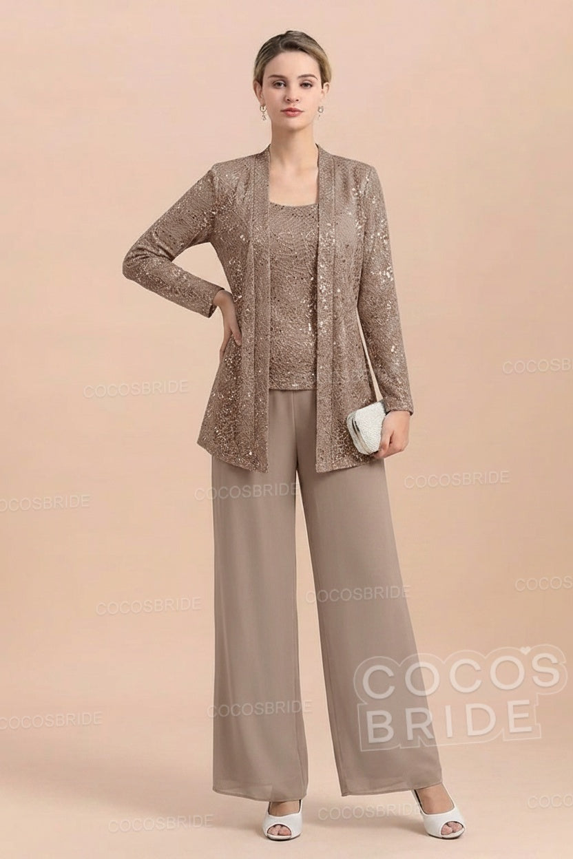 Long Sequined Chiffon Pantsuits for the Mother of the Bride with Jacket