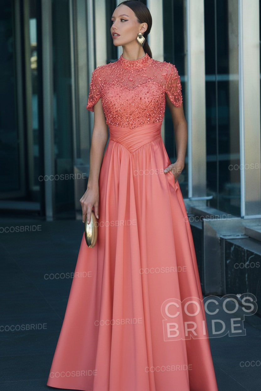 Elegant Illusion Neck Long A-line Formal Evening Dress with Pockets