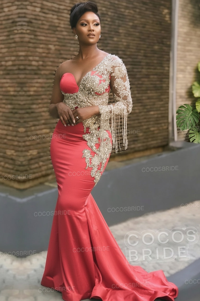 Long Mermaid Appliques One Shoulder Floor Length Formal Evening Dress