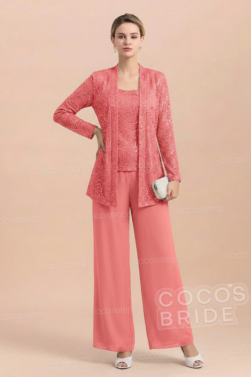 Long Sequined Chiffon Pantsuits for the Mother of the Bride with Jacket