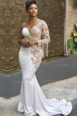 Long Mermaid Appliques One Shoulder Floor Length Formal Evening Dress