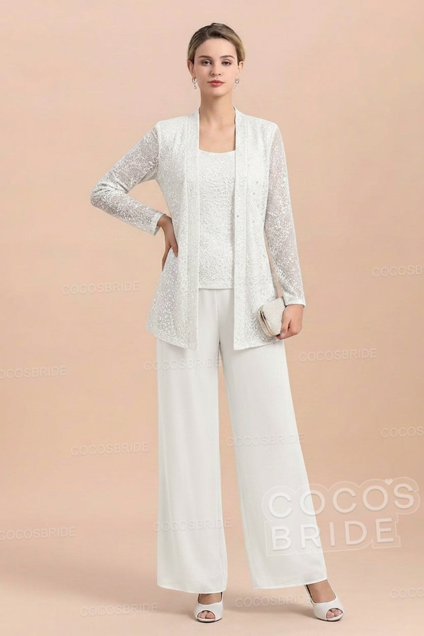Long Sequined Chiffon Pantsuits for the Mother of the Bride with Jacket